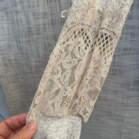 Drape front sweater, neutral boho sweater, lace sleeve sweater - Picture 2 of 5